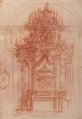 Design for a Catafalque (recto); Female Saint Kneeling on Clouds under an Arch, and a Design for the Pinnacle of the Catafalque (verso), Baldassarre Franceschini (il Volterrano) (Italian, Volterra 1611–1690 Florence), Red chalk